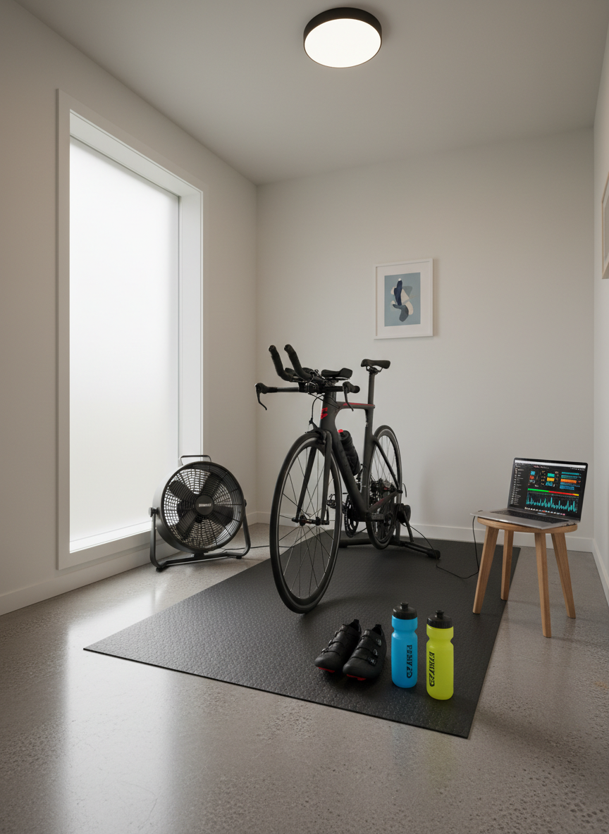 A minimalist home pain cave setup in a small, tidy room: a triathlon bike locked into a smart trainer on a rubber mat, a large fan positioned in front, and a laptop on a simple stand displaying colorful workout graphs. A pair of neatly placed cycling shoes and two bright water bottles line the edge of the mat. Cool, diffused overcast light enters through a side window, supplemented by a single overhead LED casting crisp, clean shadows. Photographic realism, shot from a slightly elevated corner angle with clear depth through the room. The scene feels focused and disciplined yet approachable, evoking the quiet persistence required for long-term endurance training.